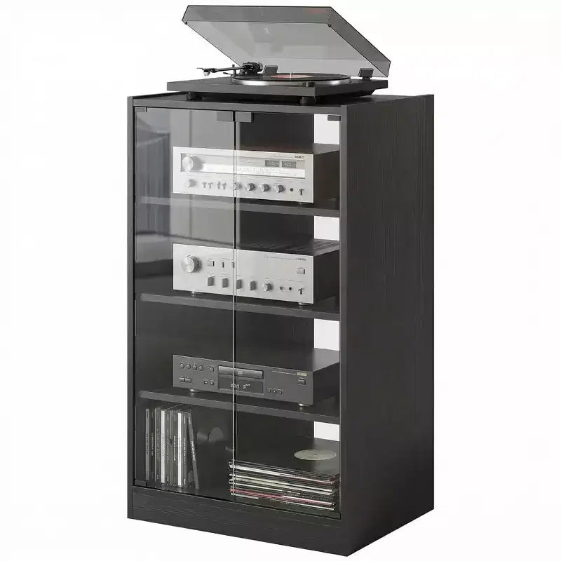 HOMCOM Mueble Multimedia de 5 Estantes con Baldas Ajustables en 3 Niveles, Puertas de Vidrio Templado y Gestión de Cables