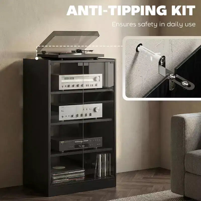 HOMCOM Mueble Multimedia de 5 Estantes con Baldas Ajustables en 3 Niveles, Puertas de Vidrio Templado y Gestión de Cables