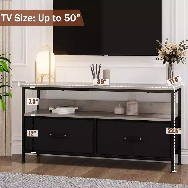 Mueble TV Cómoda, Centro de Entretenimiento de 50 Pulgadas con Almacenamiento, Mueble TV para Dormitorio, Cómoda Pequeña con Cajones y Estantes