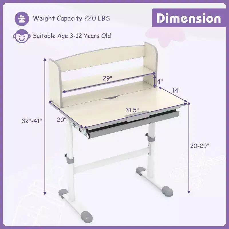 Costway Escritorio de Estudio Infantil con Tablero Inclinable de 7 Niveles, Altura Ajustable y Cajón Extraíble Azul/Gris/Rosa