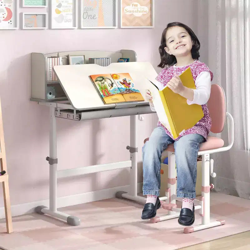 Costway Escritorio de Estudio Infantil con Tablero Inclinable de 7 Niveles, Altura Ajustable y Cajón Extraíble Azul/Gris/Rosa