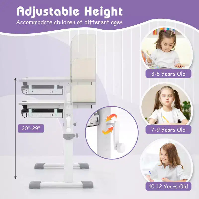 Costway Escritorio de Estudio Infantil con Tablero Inclinable de 7 Niveles, Altura Ajustable y Cajón Extraíble Azul/Gris/Rosa