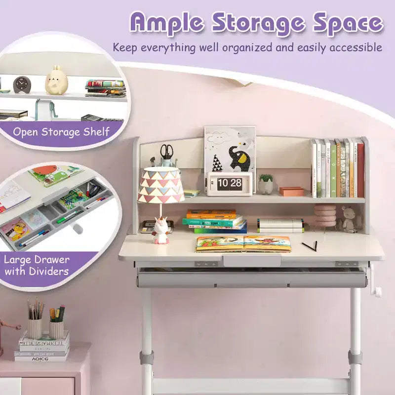 Costway Escritorio de Estudio Infantil con Tablero Inclinable de 7 Niveles, Altura Ajustable y Cajón Extraíble Azul/Gris/Rosa