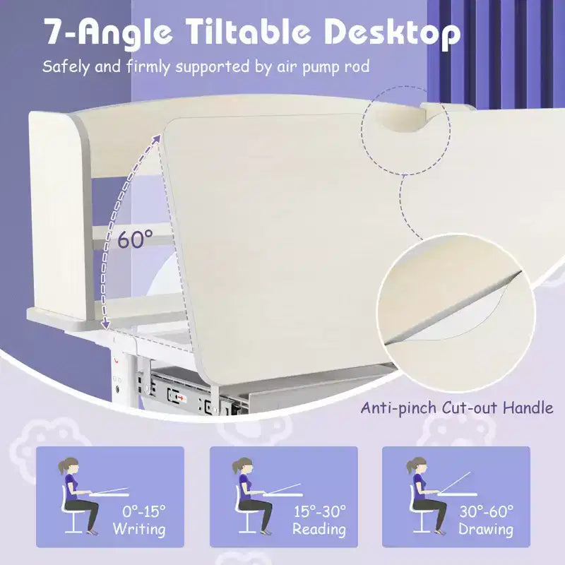 Costway Escritorio de Estudio Infantil con Tablero Inclinable de 7 Niveles, Altura Ajustable y Cajón Extraíble Azul/Gris/Rosa