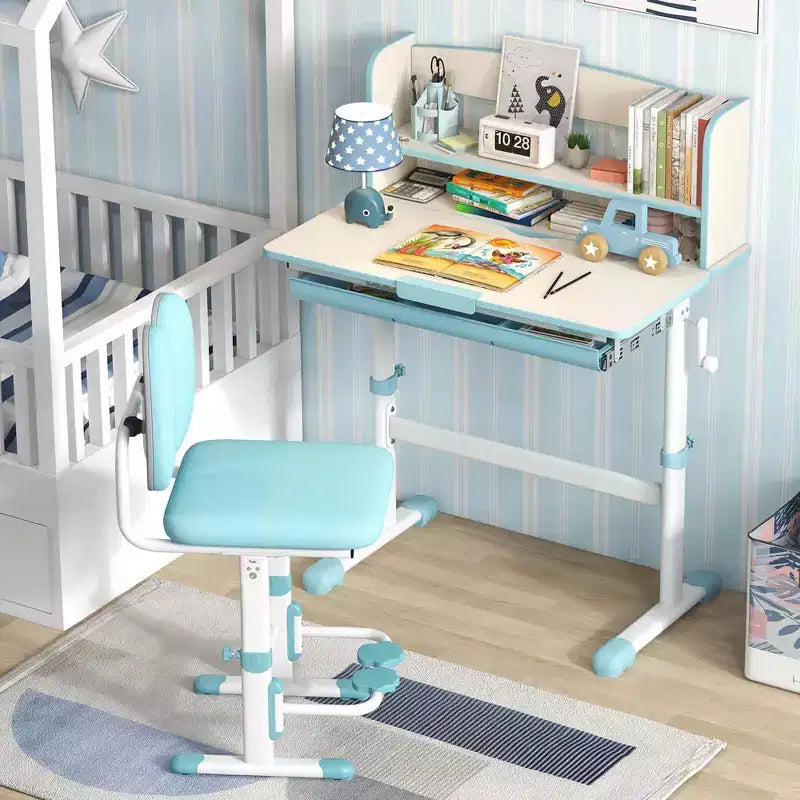 Costway Escritorio de Estudio Infantil con Tablero Inclinable de 7 Niveles, Altura Ajustable y Cajón Extraíble Azul/Gris/Rosa