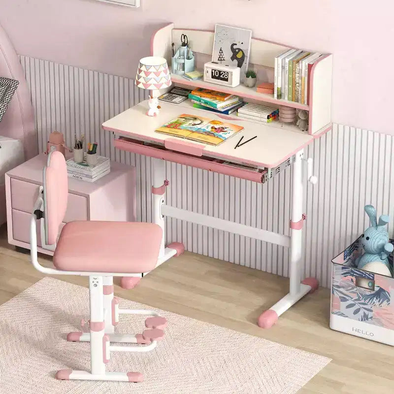 Costway Escritorio de Estudio Infantil con Tablero Inclinable de 7 Niveles, Altura Ajustable y Cajón Extraíble Azul/Gris/Rosa