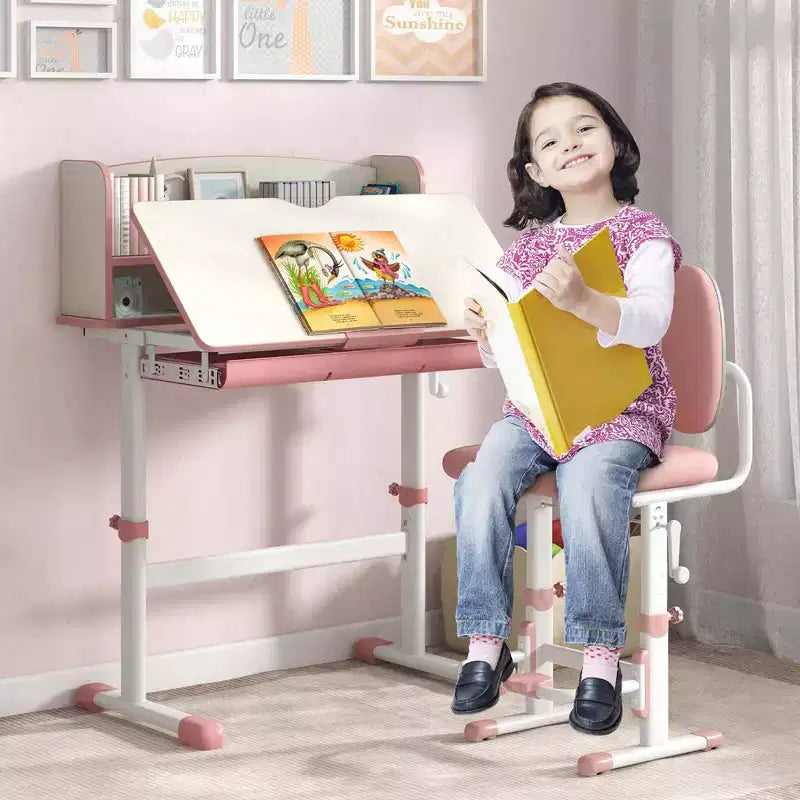 Costway Escritorio de Estudio Infantil con Tablero Inclinable de 7 Niveles, Altura Ajustable y Cajón Extraíble Azul/Gris/Rosa