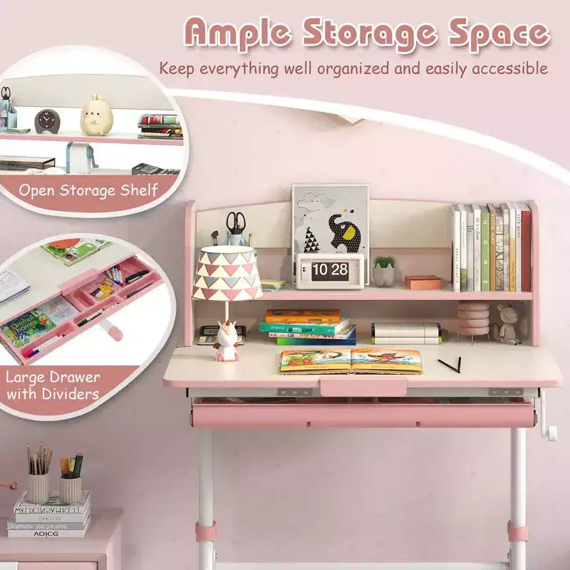 Costway Escritorio de Estudio Infantil con Tablero Inclinable de 7 Niveles, Altura Ajustable y Cajón Extraíble Azul/Gris/Rosa