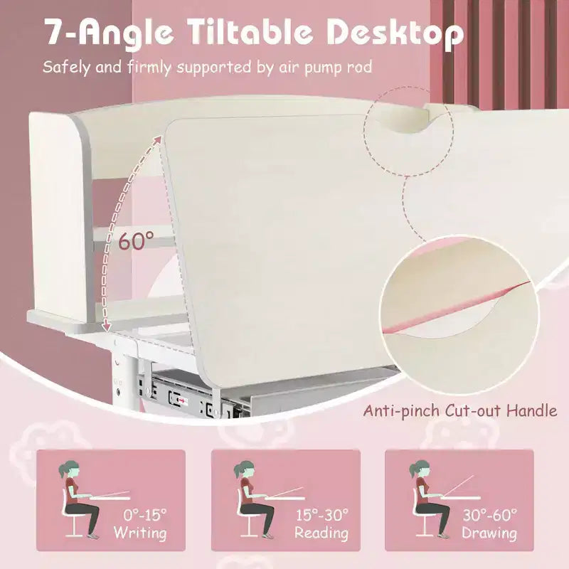 Costway Escritorio de Estudio Infantil con Tablero Inclinable de 7 Niveles, Altura Ajustable y Cajón Extraíble Azul/Gris/Rosa