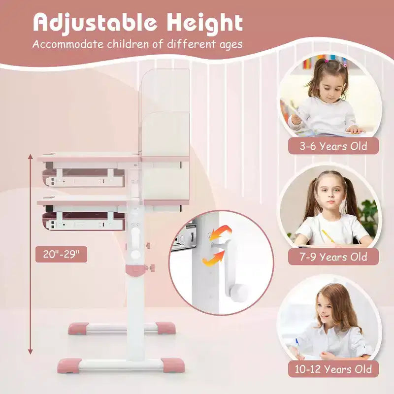 Costway Escritorio de Estudio Infantil con Tablero Inclinable de 7 Niveles, Altura Ajustable y Cajón Extraíble Azul/Gris/Rosa