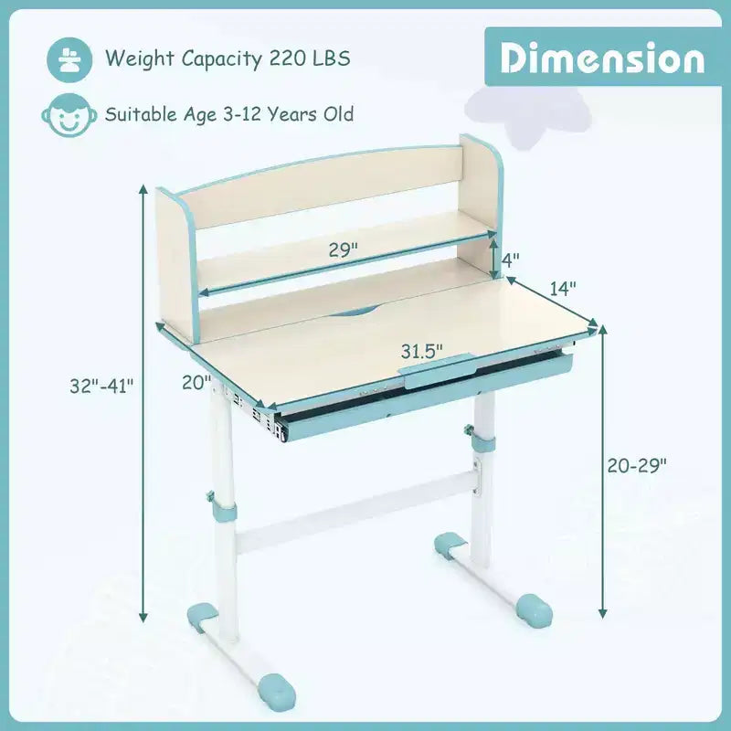 Costway Escritorio de Estudio Infantil con Tablero Inclinable de 7 Niveles, Altura Ajustable y Cajón Extraíble Azul/Gris/Rosa