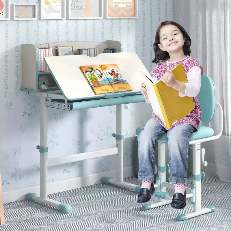 Costway Escritorio de Estudio Infantil con Tablero Inclinable de 7 Niveles, Altura Ajustable y Cajón Extraíble Azul/Gris/Rosa