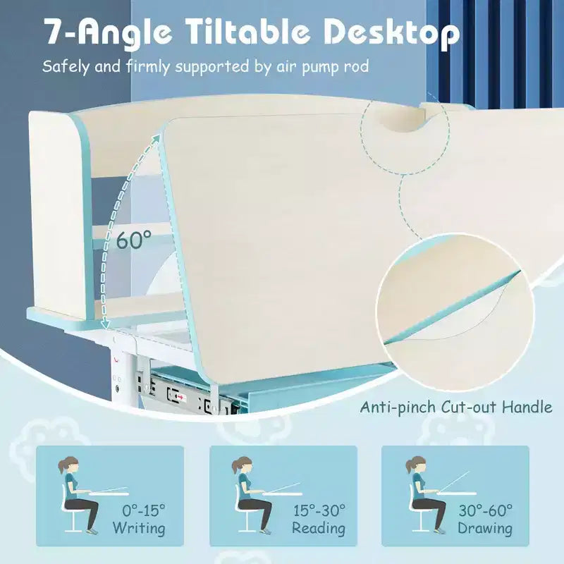 Costway Escritorio de Estudio Infantil con Tablero Inclinable de 7 Niveles, Altura Ajustable y Cajón Extraíble Azul/Gris/Rosa