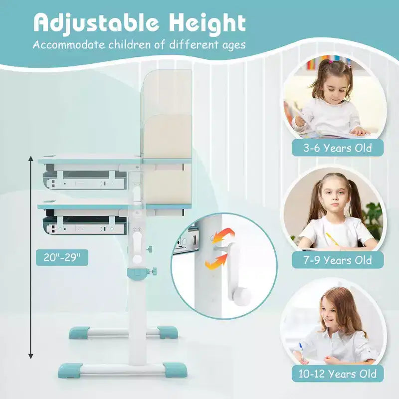 Costway Escritorio de Estudio Infantil con Tablero Inclinable de 7 Niveles, Altura Ajustable y Cajón Extraíble Azul/Gris/Rosa