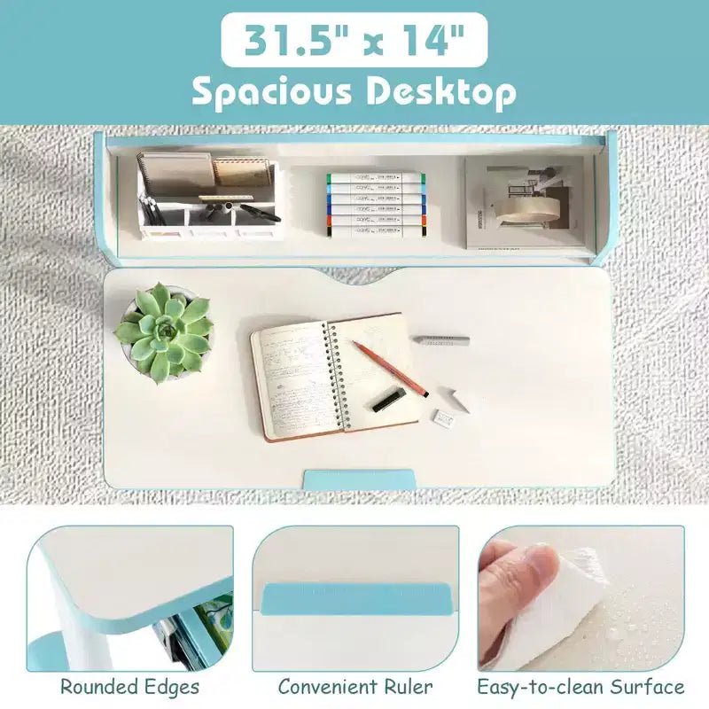 Costway Escritorio de Estudio Infantil con Tablero Inclinable de 7 Niveles, Altura Ajustable y Cajón Extraíble Azul/Gris/Rosa