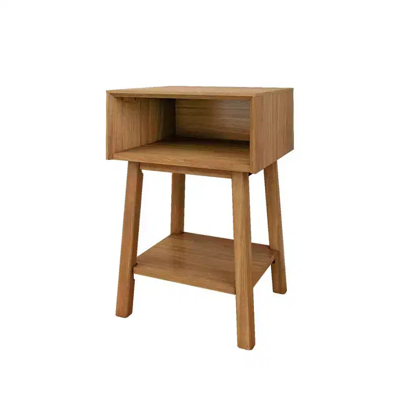 Mesita de noche moderna de mediados de siglo Plank+Beam con estante, mesa auxiliar de madera maciza para dormitorio