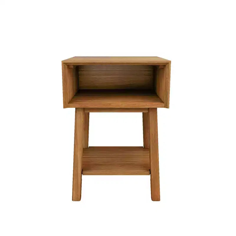Mesita de noche moderna de mediados de siglo Plank+Beam con estante, mesa auxiliar de madera maciza para dormitorio