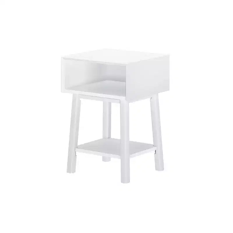 Mesita de noche moderna de mediados de siglo Plank+Beam con estante, mesa auxiliar de madera maciza para dormitorio