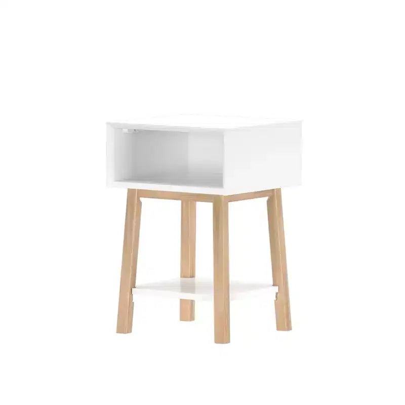 Mesita de noche moderna de mediados de siglo Plank+Beam con estante, mesa auxiliar de madera maciza para dormitorio