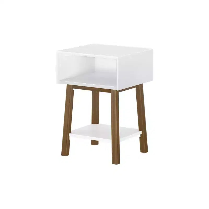 Mesita de noche moderna de mediados de siglo Plank+Beam con estante, mesa auxiliar de madera maciza para dormitorio
