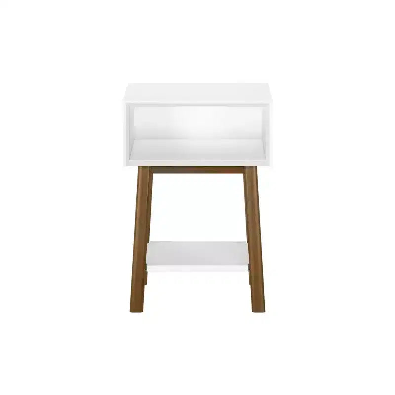 Mesita de noche moderna de mediados de siglo Plank+Beam con estante, mesa auxiliar de madera maciza para dormitorio