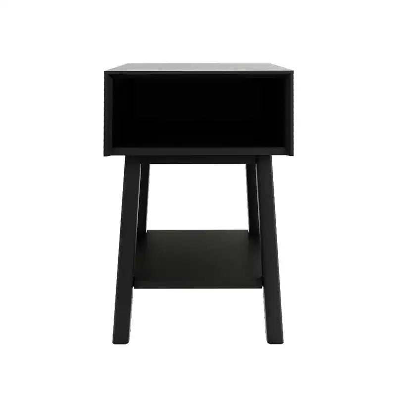 Mesita de noche moderna de mediados de siglo Plank+Beam con estante, mesa auxiliar de madera maciza para dormitorio