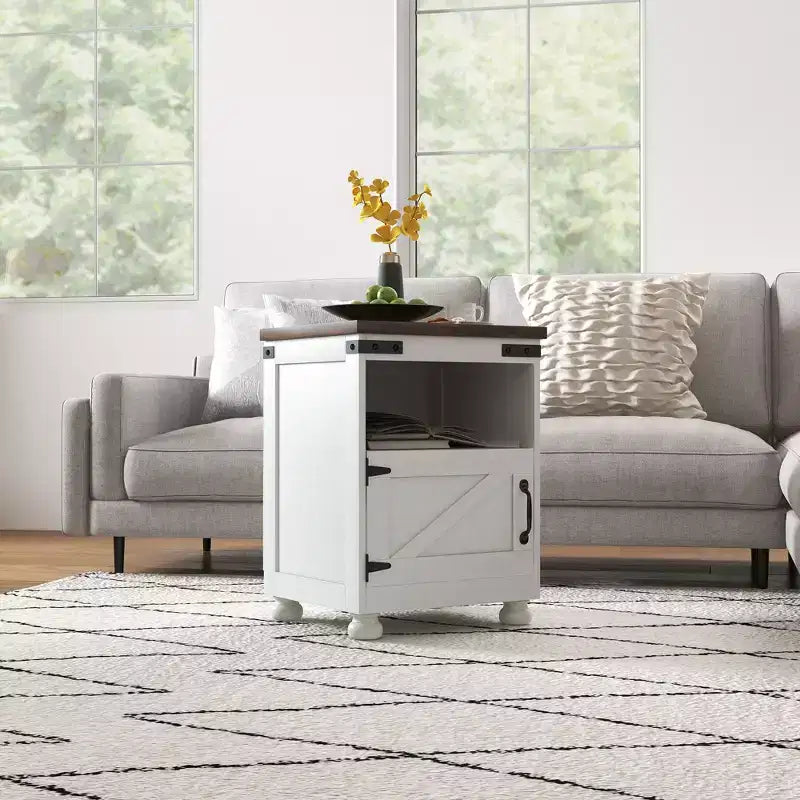 HOMCOM Mesa Auxiliar Pequeña, Mesa Auxiliar de Granja con Estante Abierto y Armario, Mesa Moderna de Sofá con Patas de Madera para Sala de Estar