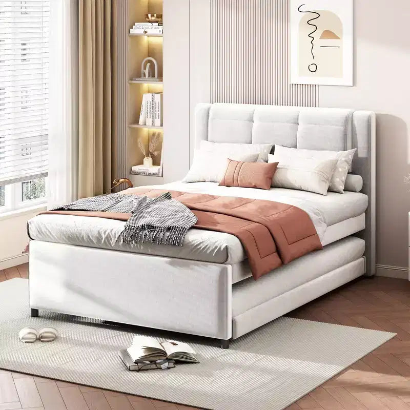 Cama de plataforma tapizada en lino de tamaño completo con cama nido, la cama nido puede ser plana o elevada, 4Q -ModernLuxe
