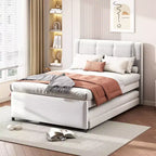 Cama de plataforma tapizada en lino de tamaño completo con cama nido, la cama nido puede ser plana o elevada, 4Q -ModernLuxe