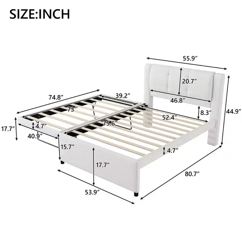 Cama de plataforma tapizada en lino de tamaño completo con cama nido, la cama nido puede ser plana o elevada, 4Q -ModernLuxe