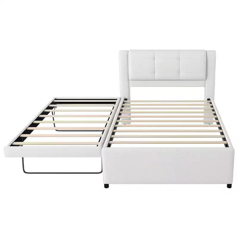 Cama de plataforma tapizada en lino de tamaño completo con cama nido, la cama nido puede ser plana o elevada, 4Q -ModernLuxe