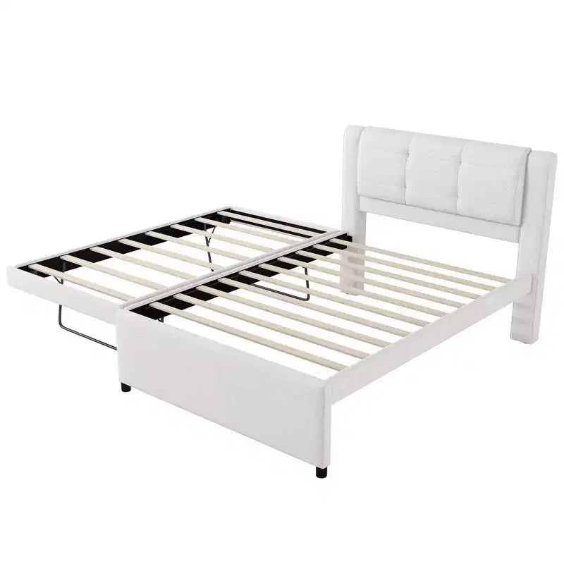 Cama de plataforma tapizada en lino de tamaño completo con cama nido, la cama nido puede ser plana o elevada, 4Q -ModernLuxe