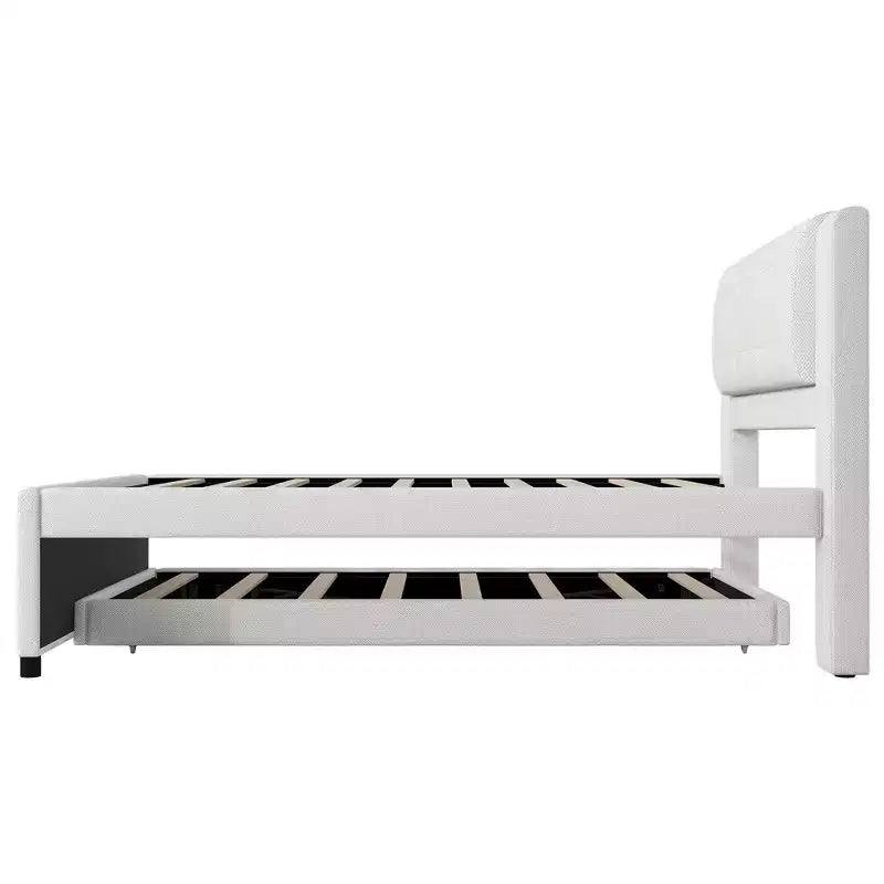 Cama de plataforma tapizada en lino de tamaño completo con cama nido, la cama nido puede ser plana o elevada, 4Q -ModernLuxe