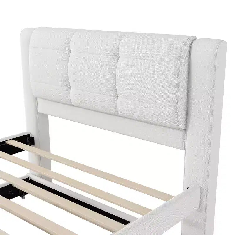 Cama de plataforma tapizada en lino de tamaño completo con cama nido, la cama nido puede ser plana o elevada, 4Q -ModernLuxe