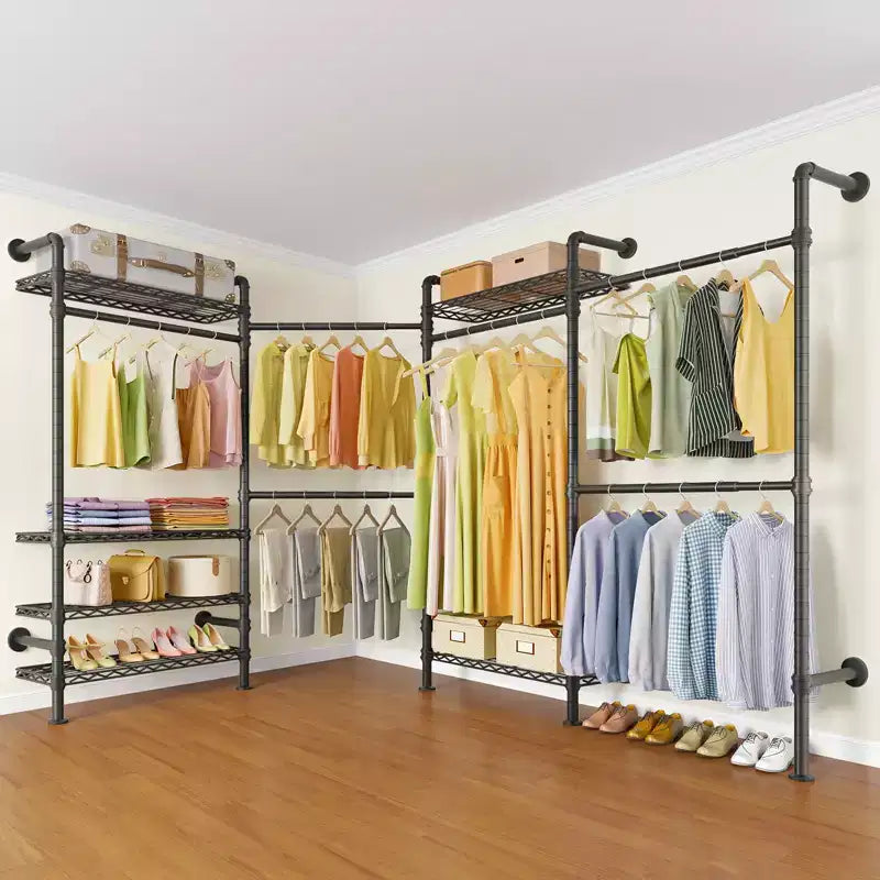 Timate L4 Estante para Ropa en Forma de L, Perchero de Tubo Industrial Expandible, Organizador de Armario Montado en la Pared, Armario Grande