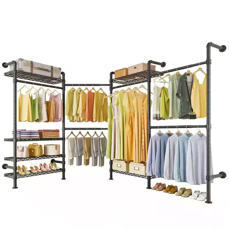 Timate L4 L Shape Garment Rack Clothes Rack , Expandable Industrial Pipe Clothing Rack, Wall Mounted Closet Organizer Large Wardrobe Closet